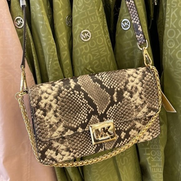 Michael Kors Sonia Medium Snake Embossed Shoulder Bag Natural - Picture 2 of 16